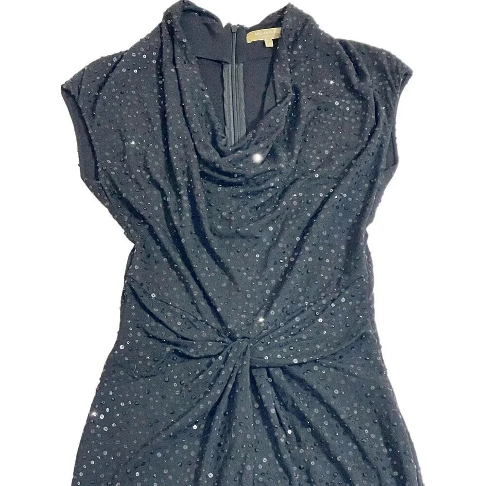 Michael Kors Black Sequin Mermaid Gown Evening Dress Front Twist SZ 4 New